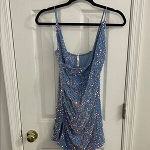 Blue Sequin Spaghetti Strap Dress